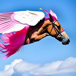 Image shows horse head with pink wings.