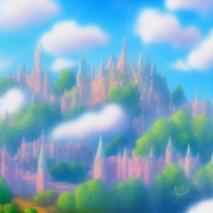 A pastel-colored city perched on a mountaintop, representing the home of the Pegasi in the clouds.