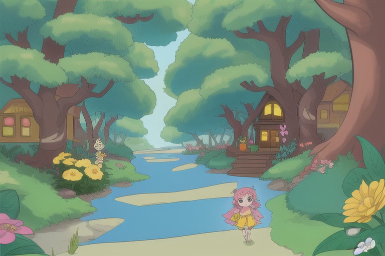 A fairy city nestled among colorful, bright-hued trees, highlighting the whimsical nature of its inhabitants.