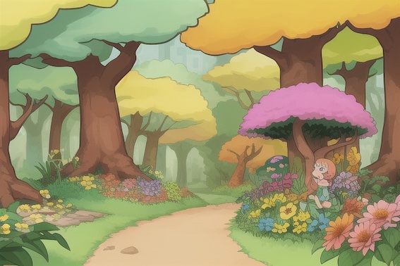 A fairy city nestled among colorful, bright-hued trees, highlighting the whimsical nature of its inhabitants.