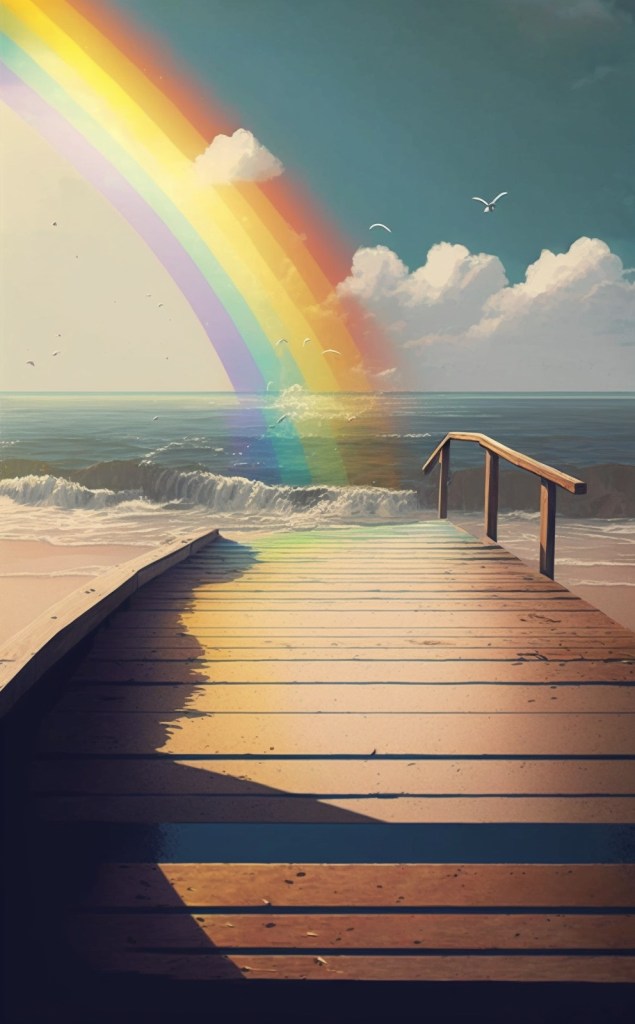 An enchanting seascape featuring a wooden pier and a vivid rainbow. Alexia and Phoebe use this magical Rainbow Path as a gateway for their adventures.