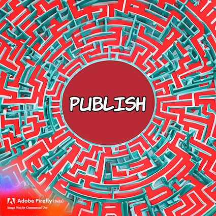 Illustration of a complex maze leading to a red 'Publish' button at the center.