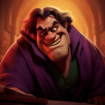 An intense portrayal of ”Quasimodo” surrounded by fiery hues of red, orange, and yellow, hinting at a possible backdrop of Notre Dame. His expression suggests malevolence, challenging our traditional perceptions of character.