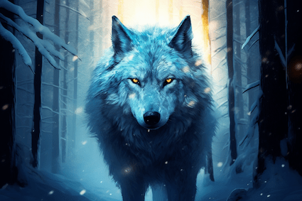 A menacing wolf with intense yellow eyes stands against a wintry forest backdrop, an image crafted to explore the influence of character appearances on narrative and perception.