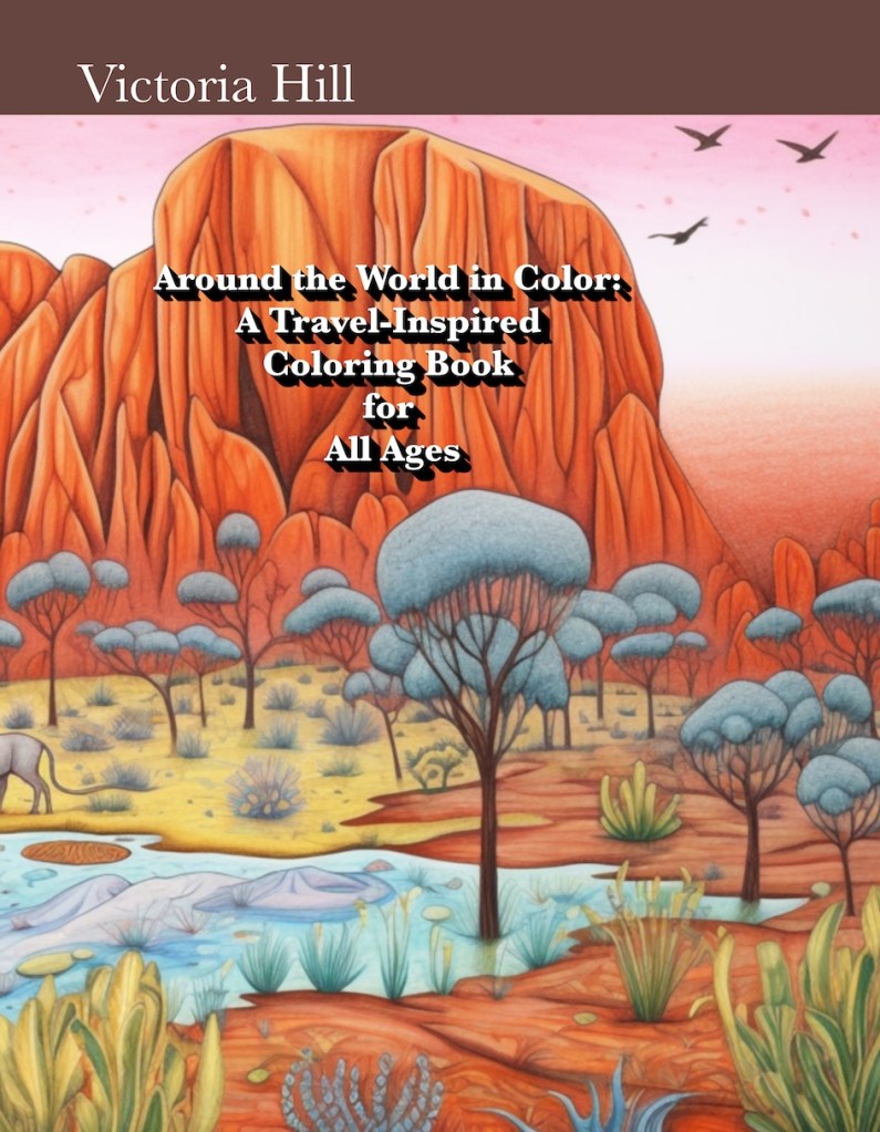 he first version of the travel-themed coloring book cover, featuring a harmonious blend of text and imagery. Subtle elements like small birds add a personal touch to the overall design, enhancing its artistic appeal.