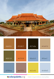 Image featuring an old Chinese structure from the Forbidden City alongside twelve colored boxes, each labeled with a hex code, representing the color palette used for the coloring project