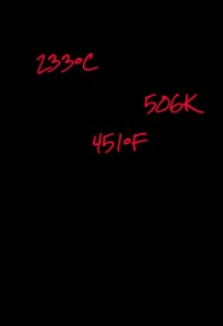 Cover of the notebook displaying '451°F', a direct reference to Ray Bradbury's 'Fahrenheit 451', set against a stark black background with red text, symbolizing the book's theme of censorship and the power of knowledge.