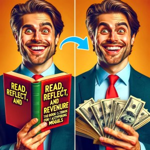 A humorous and ironic cover design for a fictitious book titled 'Read, Reflect, and Revenue: The Book Club Notebook for Aspiring Moguls', playfully merging the themes of book clubs with a satirical twist on wealth and success.