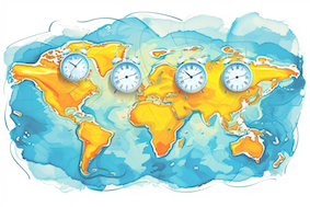 Illustrative map of the world with various clocks superimposed over different regions, each showing a different time to represent various time zones.