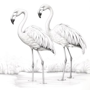 Coloring page of two flamingos standing in water, reflecting serenity and grace.