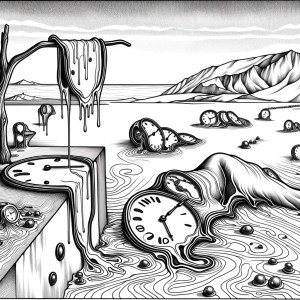 Black and white coloring page depicting a surreal landscape with melting clocks, embodying a timeless and dreamlike tranquility.