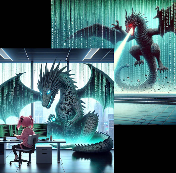 Digital artwork of a dynamic scene where a young woman with pink hair sits intently at a computer, facing a massive dragon composed of binary code. In the background, a similar dragon breathes fire, causing chaos. In contrast, the foreground features a calm dragon, quietly accompanying the girl, symbolizing controlled digital power and the challenges of managing large file sizes.