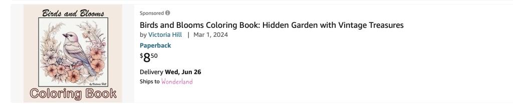 Screenshot of Amazon ad for coloring book, featuring the book cover, title, author name, and "Sponsored" tag.