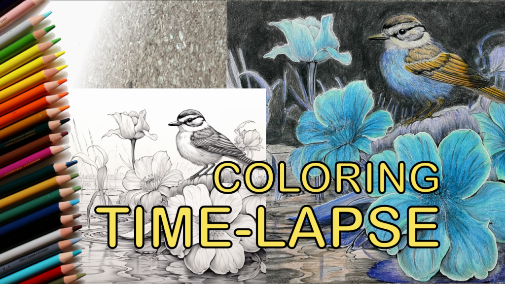 Cover displaying two versions of the same image: on the left, an uncolored template; on the right, a completed coloring featuring prominent blue and black hues.