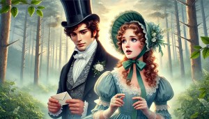 A beautifully colored illustration of a man in a top hat and a woman in a bonnet in a misty forest, created by an AI model.