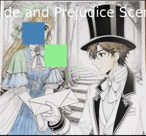 A partly colored illustration of a man in a top hat and a woman in a bonnet, with color swatches and the text "Pride and Prejudice Scene" overlaid on the image. The background shows a pathway through a forest.