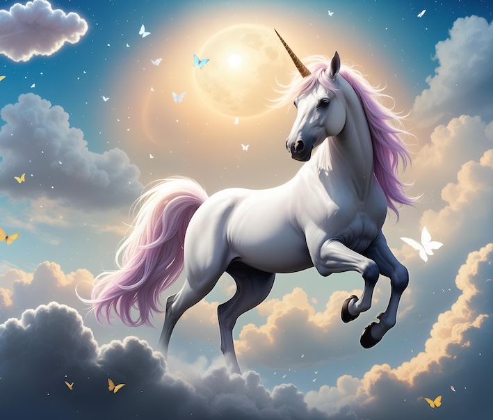 Phoebe the unicorn standing on clouds under a moonlit sky, with a more realistic style.