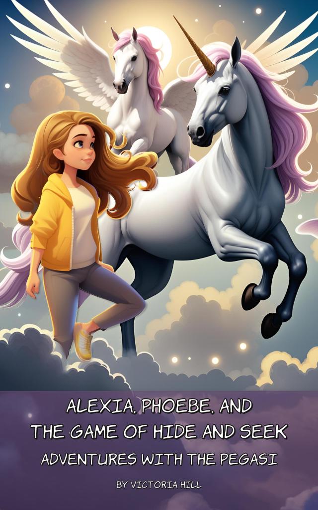 Cover image for 'Alexia, Phoebe, and the Game of Hide and Seek: Adventures with the Pegasi,' featuring Alexia standing beside Phoebe the unicorn and two winged Pegasi, under a glowing moonlit sky with soft clouds.