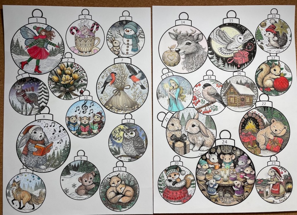 A grid of 24 fully colored images from the Coloring Christmas Calendar – Magical Forest Edition. Each image features festive, magical forest scenes with animals and holiday themes, now vibrant with colors. A celebration of creativity and the holiday spirit.