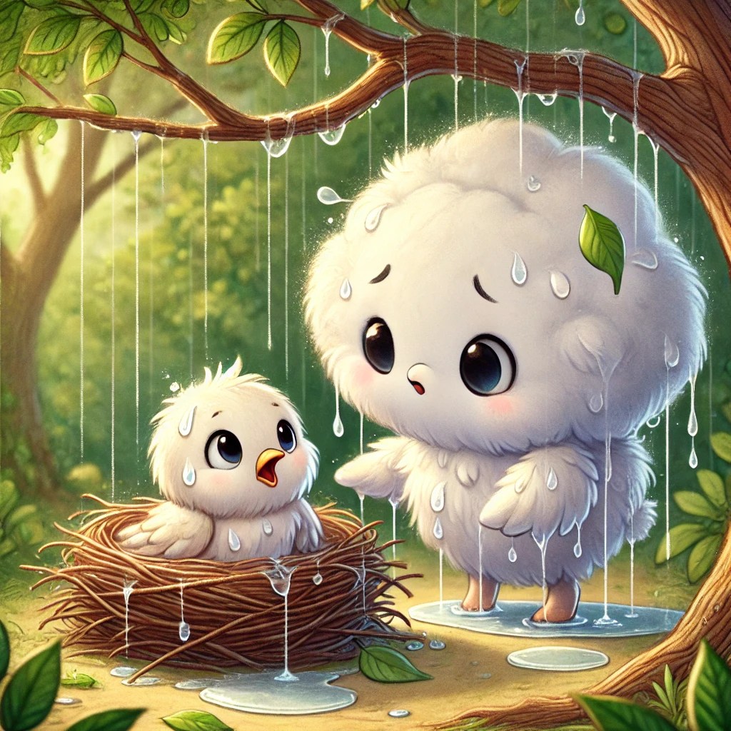 An AI-generated illustration showing Cumu, a character meant to be a fluffy cloud, but appearing as a hybrid between a bird and a cloud. The scene depicts Cumu looking regretful as raindrops drip from its form, while a small white bird sits in a nest, drenched and surprised by the unexpected rain. Despite the charming storybook style, the AI-generated image introduces unintended design issues, such as character inconsistencies and difficulty maintaining a clear artistic vision.