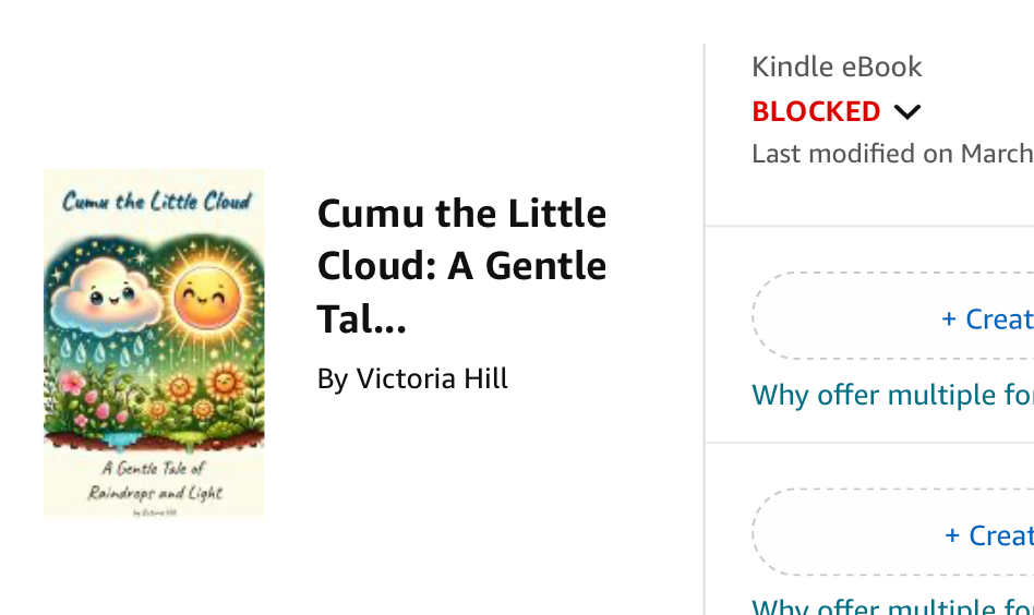 An image showing the cover of the children's book 'Cumu the Little Cloud' on the left, with bold text on the right stating that the book is blocked. The layout highlights the issue faced with Amazon KDP, visually reinforcing the challenge of publishing AI-generated content.