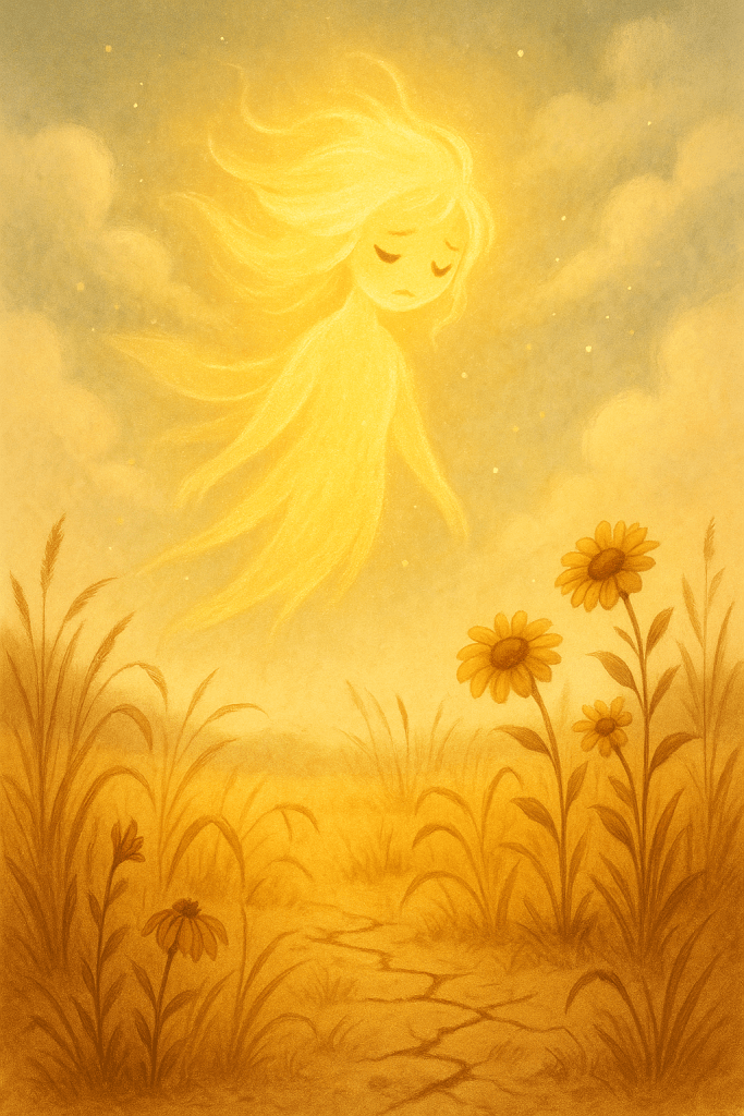 A young sun spirit with childlike features hovers over a scorched meadow. Her face is filled with sorrow as she watches flowers wilt and the earth crack beneath her golden light.