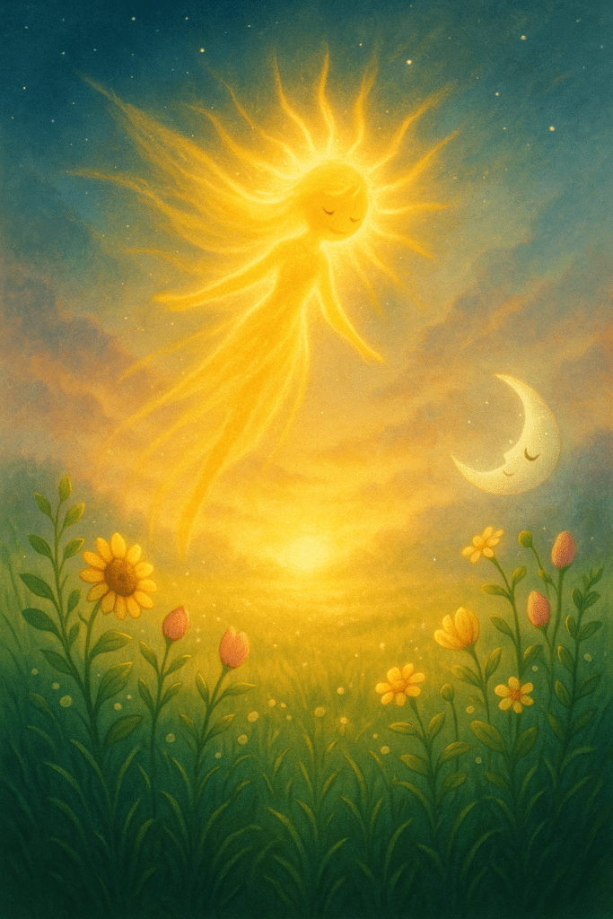 A graceful teenage sun spirit glows warmly on one side of the sky, opposite a silver moon. Between them, flowers bloom under both light and mist, capturing the balance between day and night.