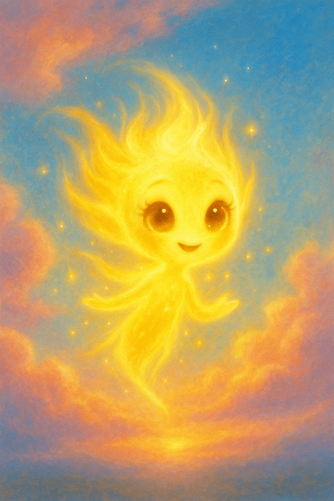 A radiant, fairy-like sun spirit with soft, baby-like features floats in a dreamy dawn sky. Her glowing form is surrounded by golden and pink clouds as she smiles with wide-eyed curiosity, newly born into the sky.
